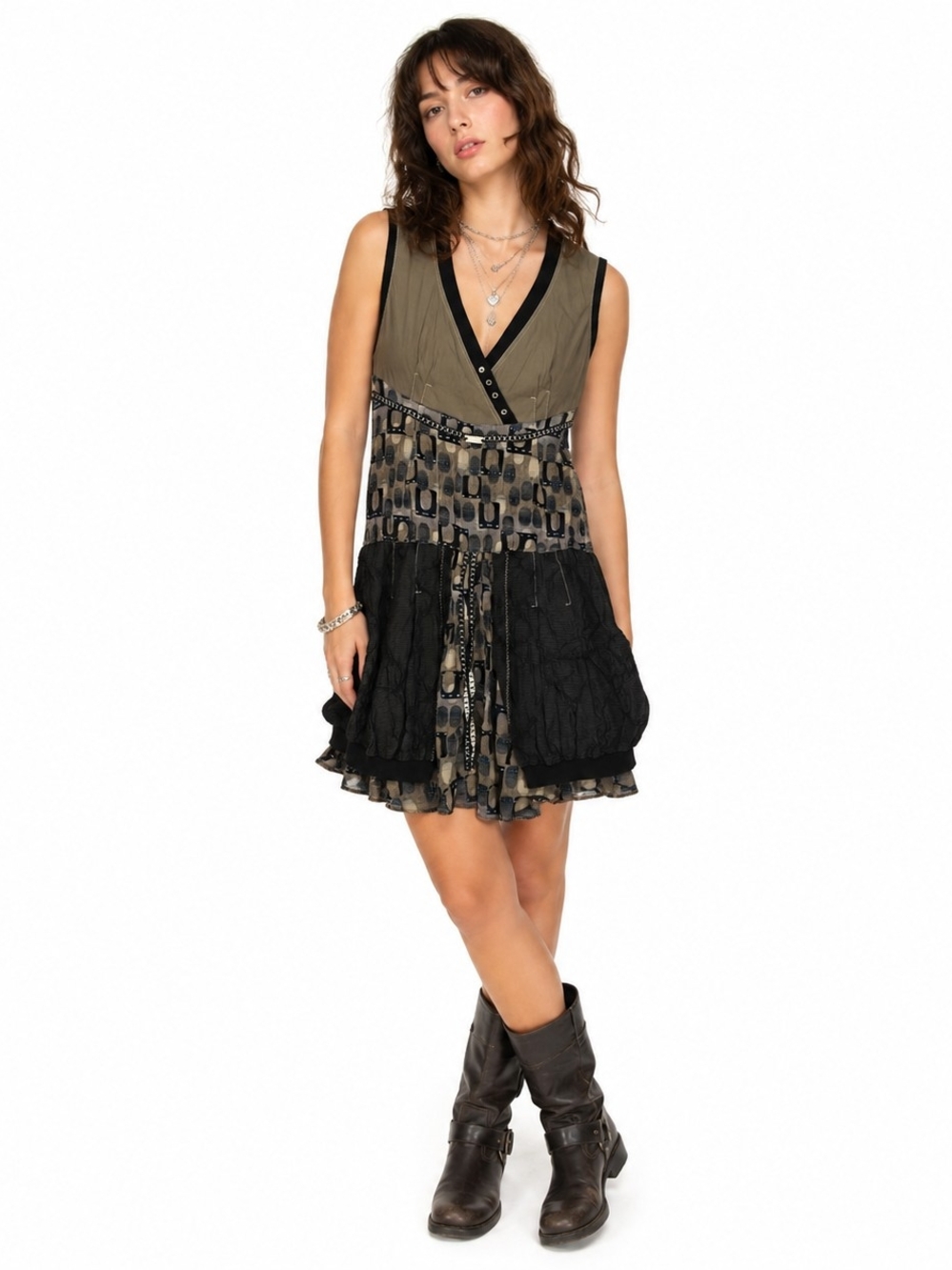We Love Mixed Media Bubble Hem Dress Small Boho Art-To-Wear V-Neck Cinch Waist